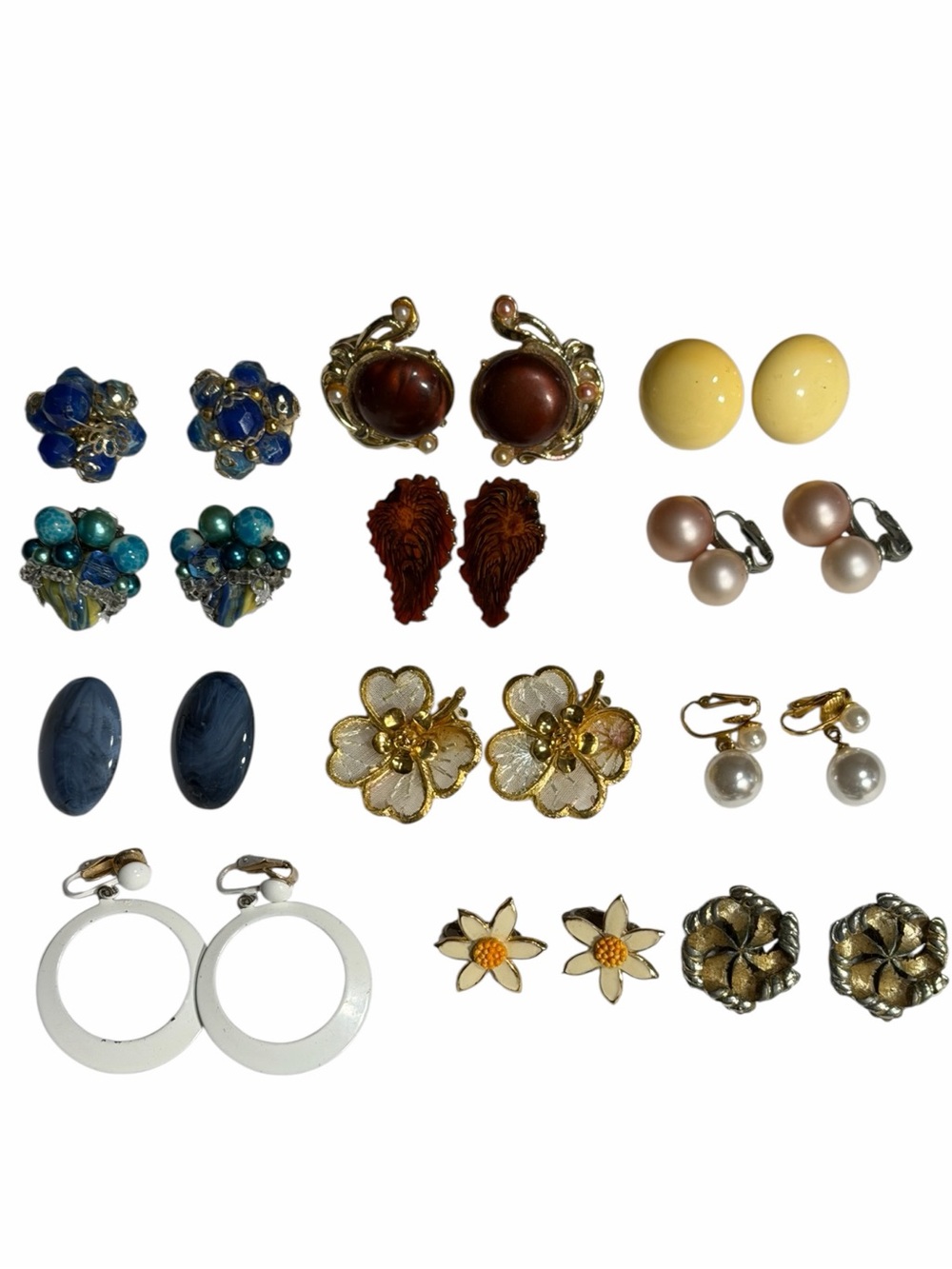 Vintage Clip On Earrings Lot 12 pr Mid Century Retro Glam Multi Color